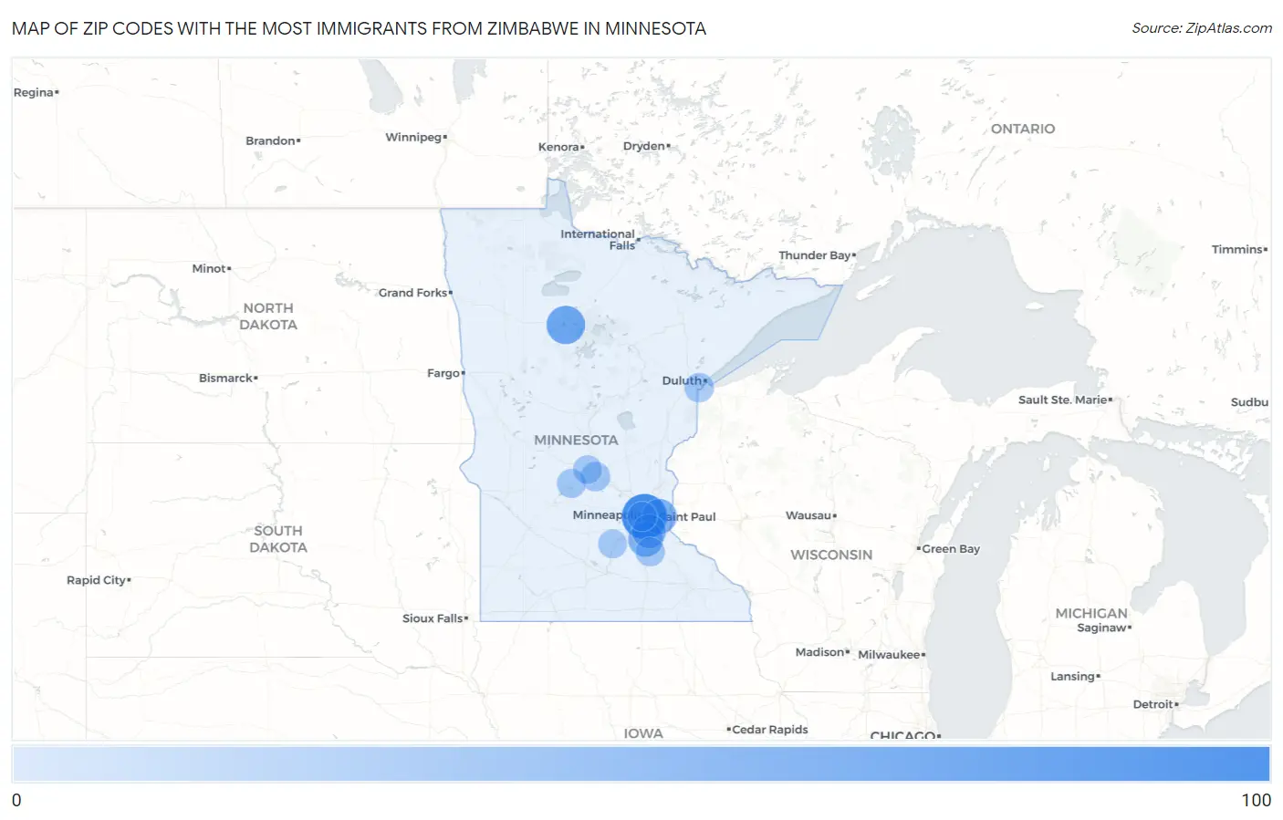 Zip Codes with the Most Immigrants from Zimbabwe in Minnesota Map