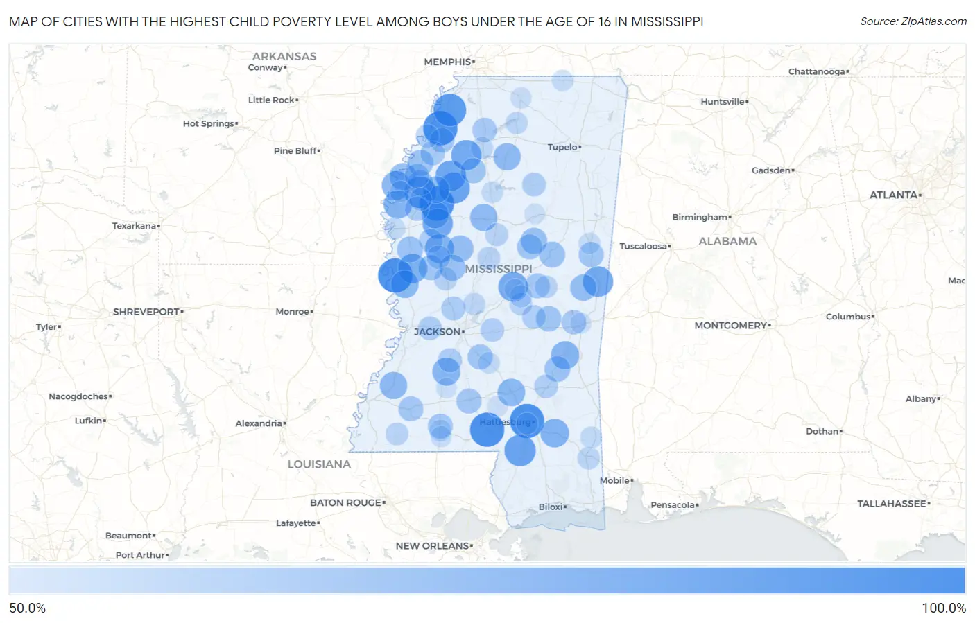 Cities with the Highest Child Poverty Level Among Boys Under the Age of 16 in Mississippi Map