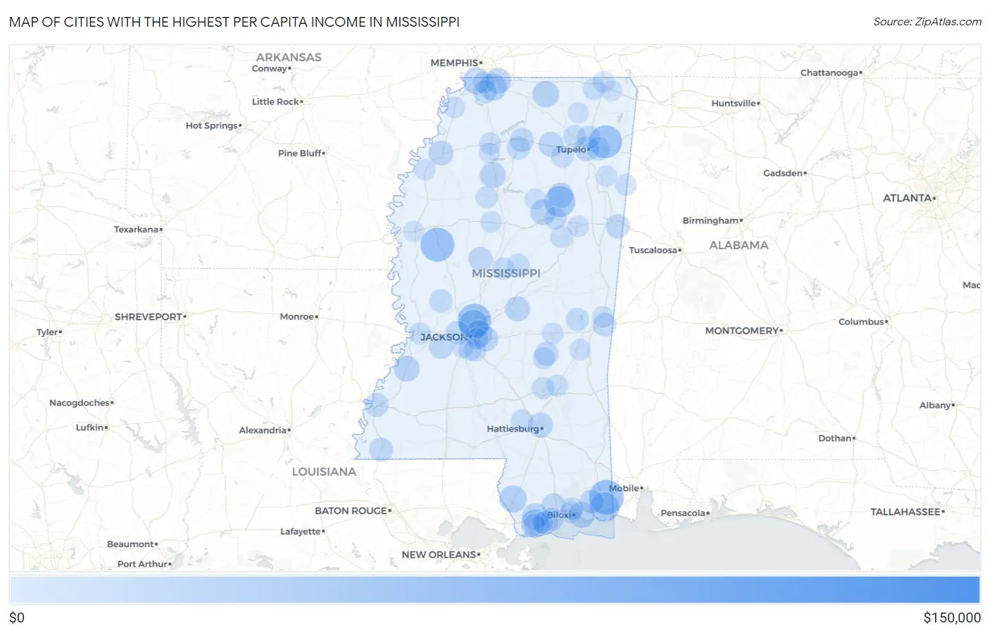 Cities with the Highest Per Capita Income in Mississippi Map