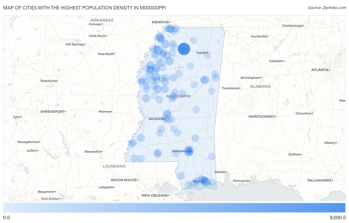 Cities with the Highest Population Density in Mississippi Map
