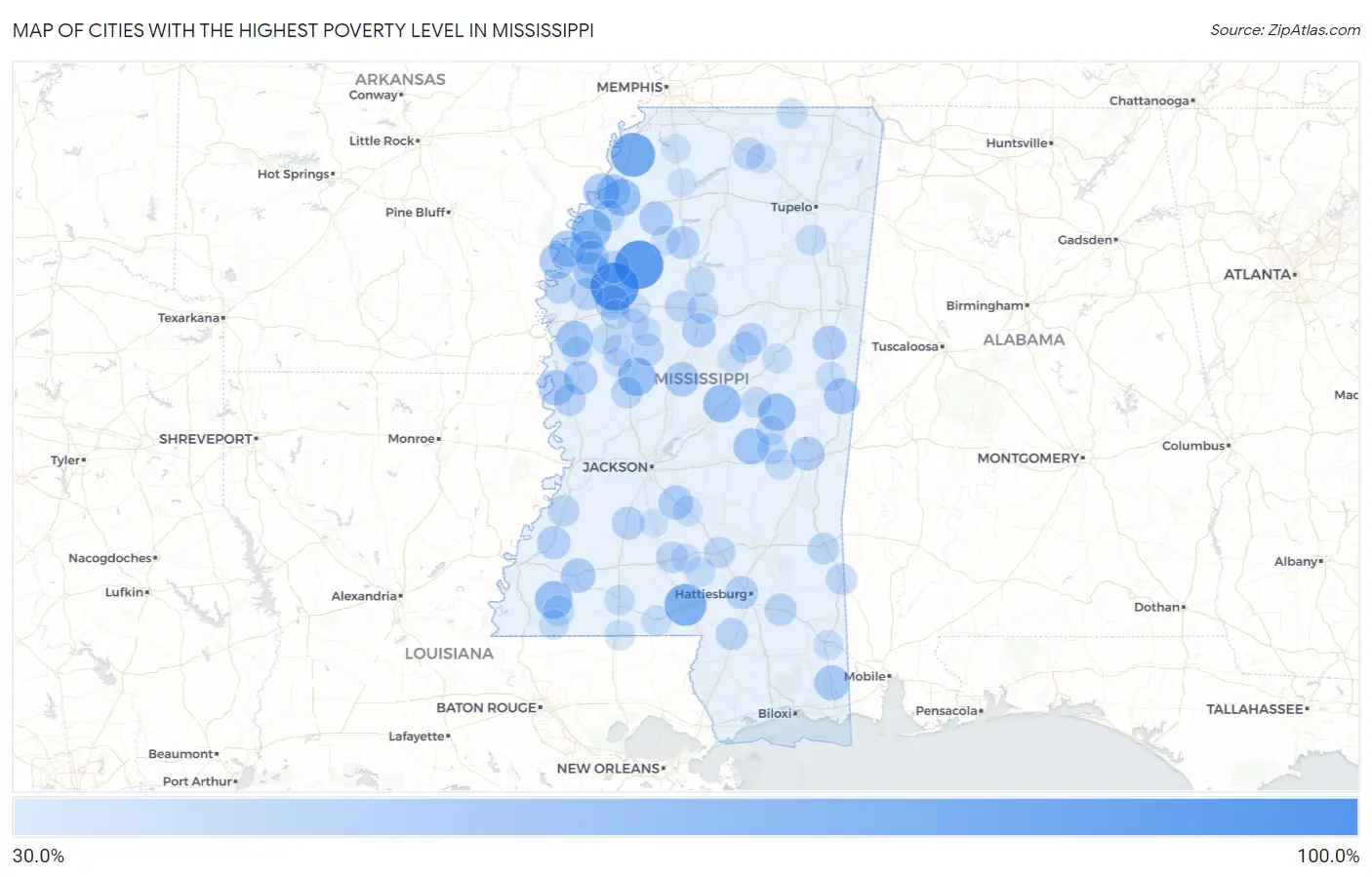 Cities with the Highest Poverty Level in Mississippi Map