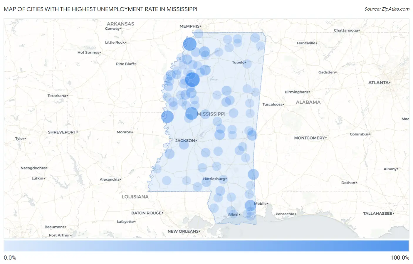 Cities with the Highest Unemployment Rate in Mississippi Map