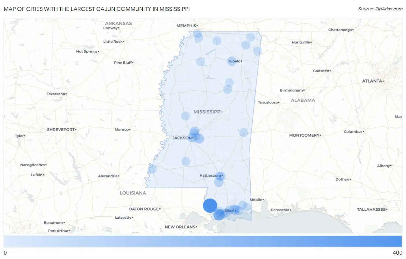 Cities with the Largest Cajun Community in Mississippi Map