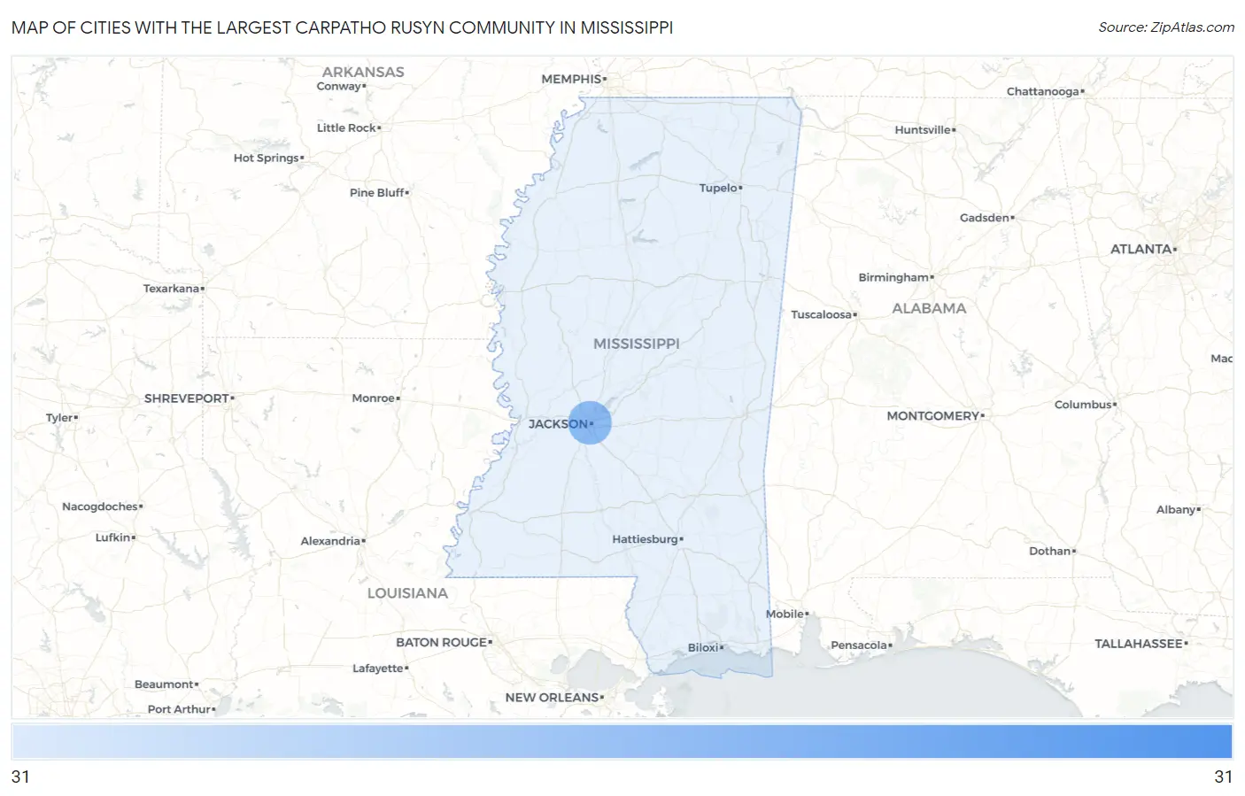 Cities with the Largest Carpatho Rusyn Community in Mississippi Map