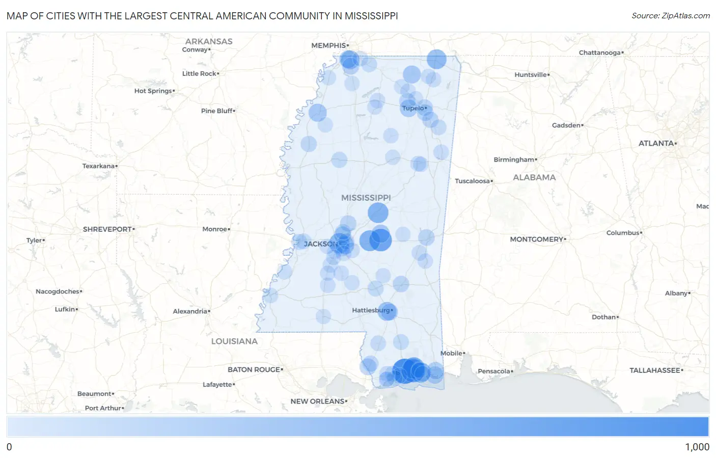 Cities with the Largest Central American Community in Mississippi Map