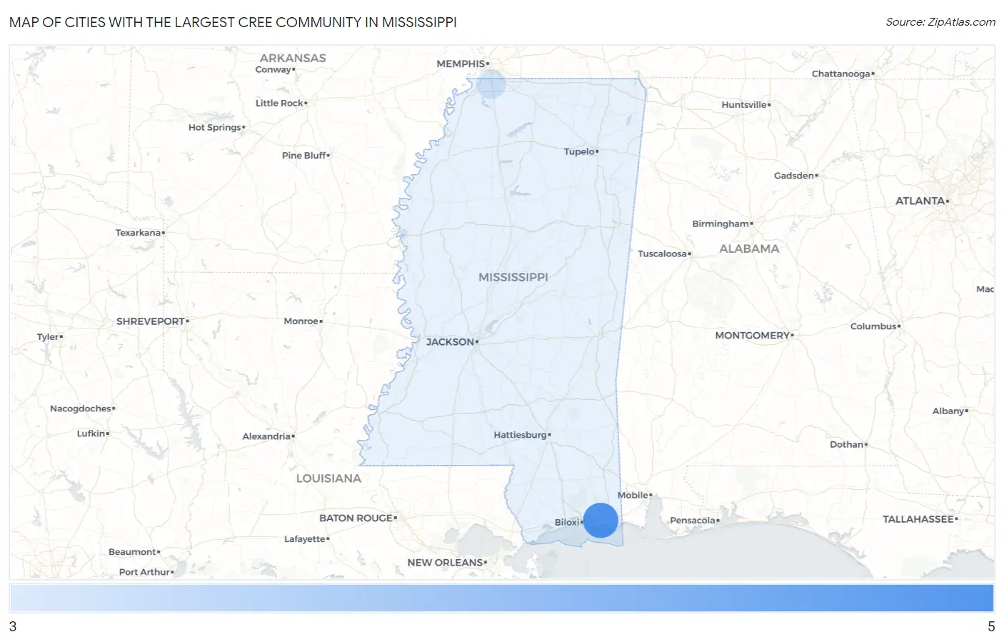 Cities with the Largest Cree Community in Mississippi Map