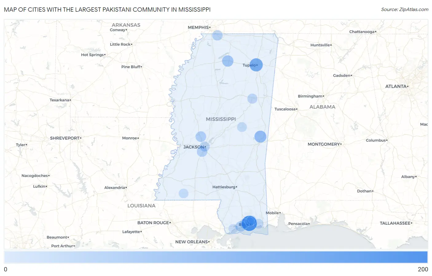 Cities with the Largest Pakistani Community in Mississippi Map