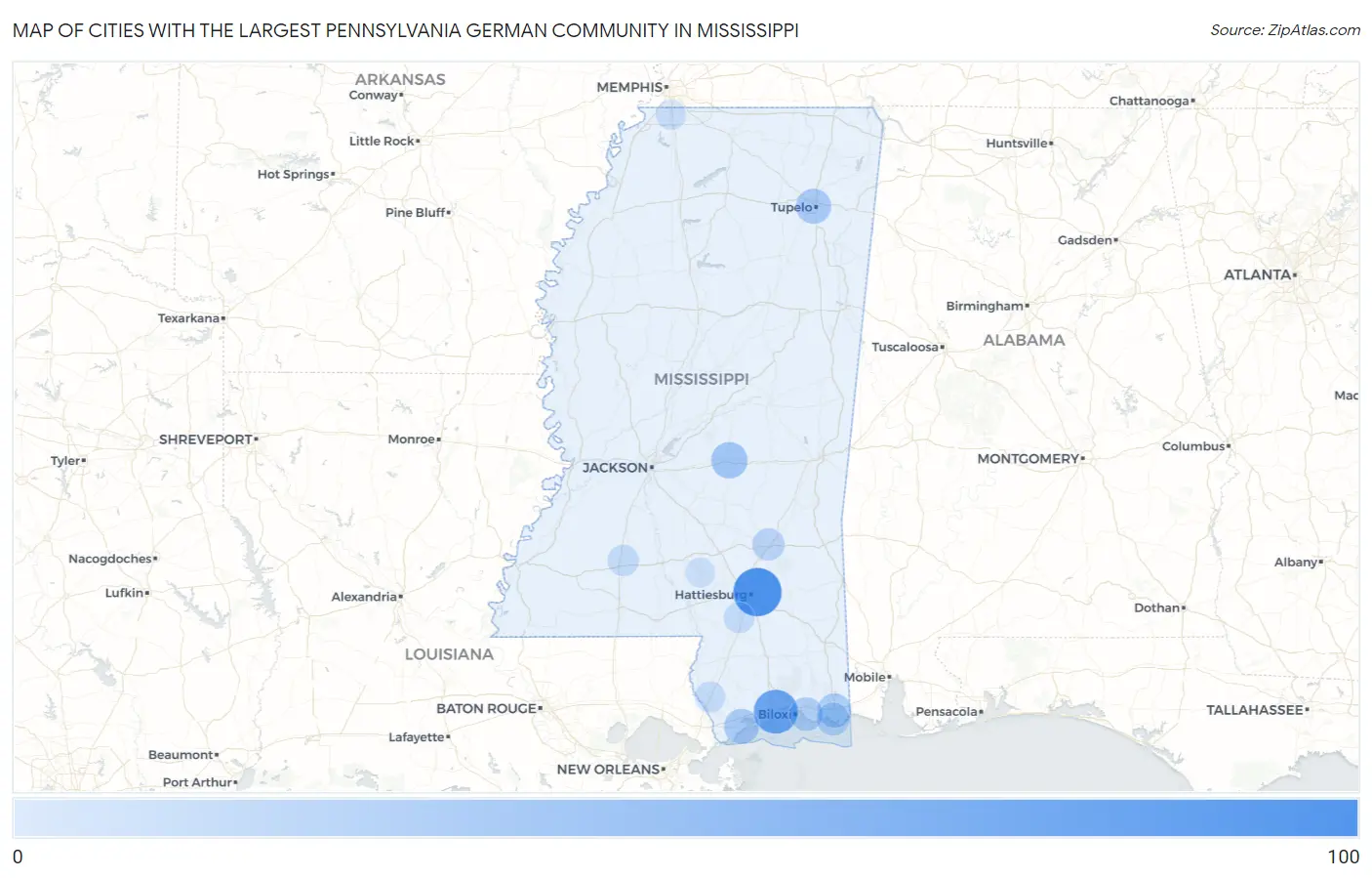 Cities with the Largest Pennsylvania German Community in Mississippi Map