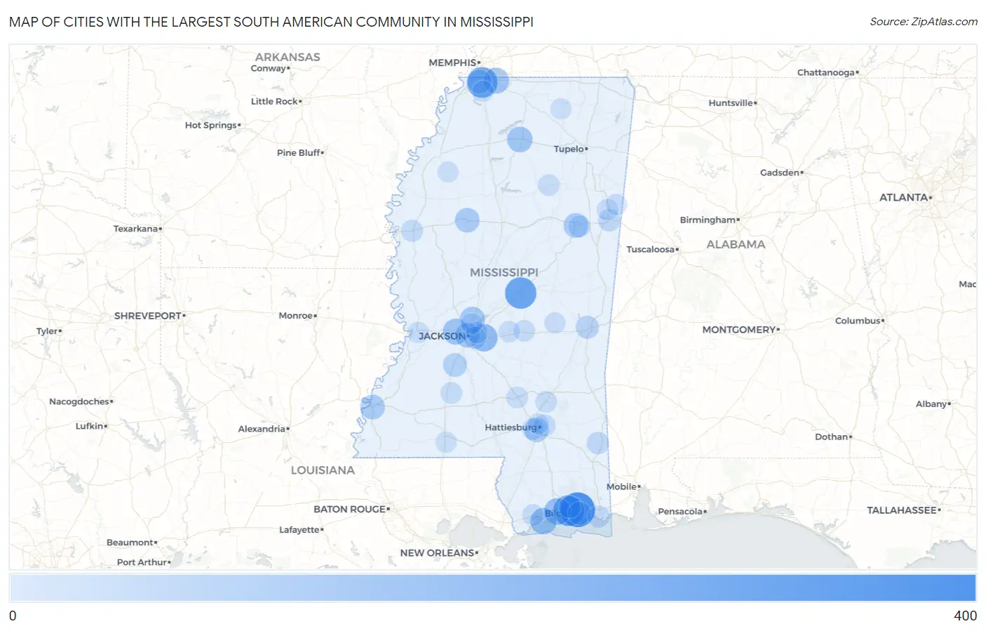 Cities with the Largest South American Community in Mississippi Map