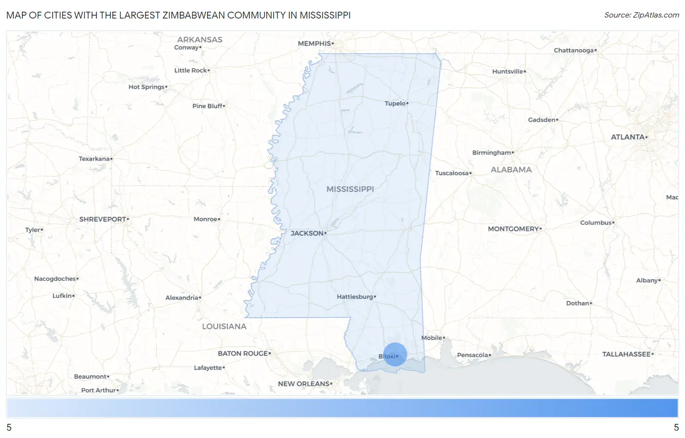 Cities with the Largest Zimbabwean Community in Mississippi Map