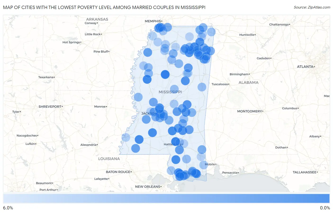 Cities with the Lowest Poverty Level Among Married Couples in Mississippi Map