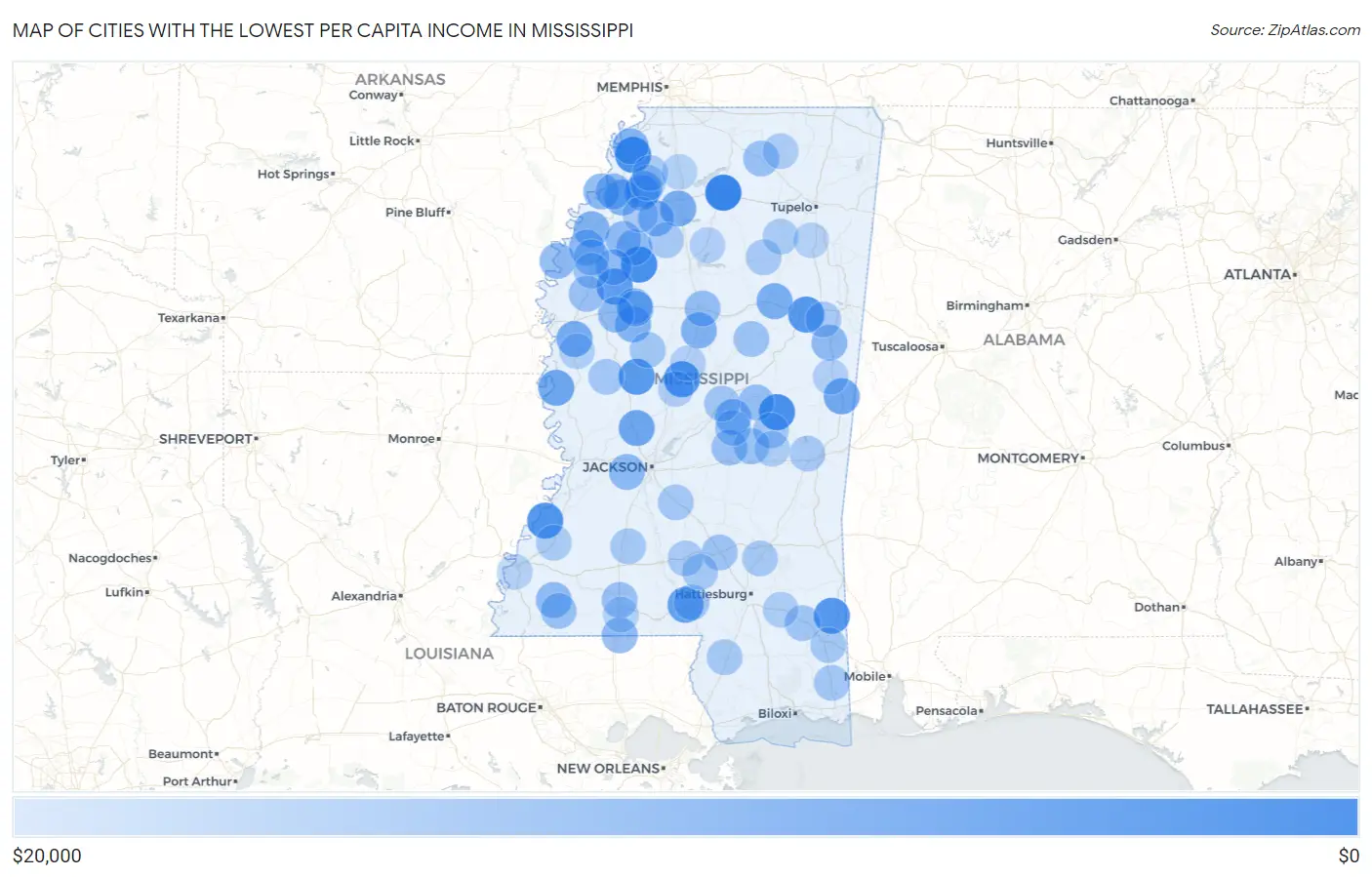 Cities with the Lowest Per Capita Income in Mississippi Map
