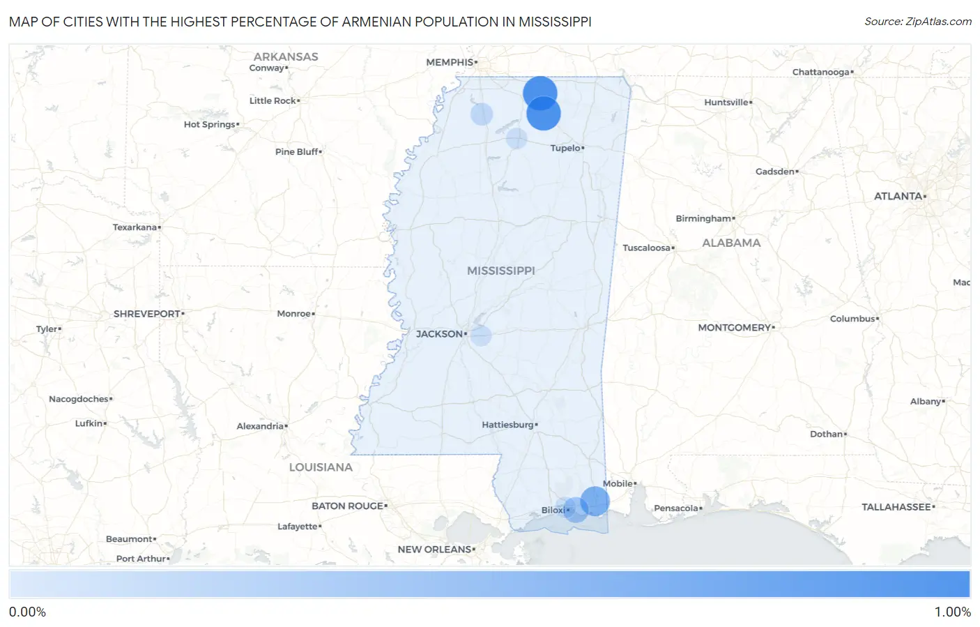 Cities with the Highest Percentage of Armenian Population in Mississippi Map