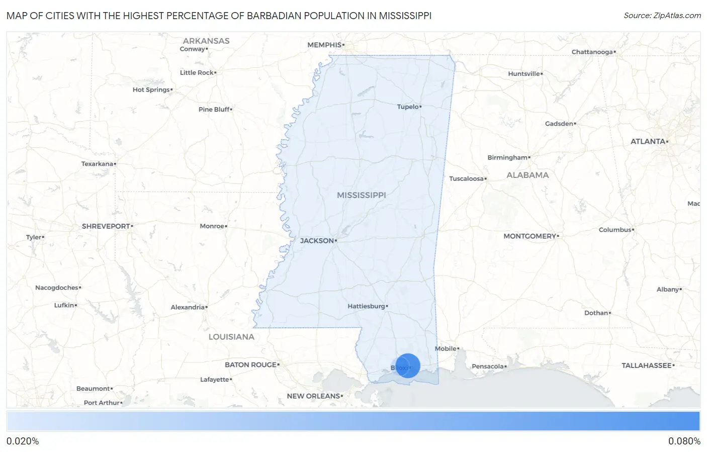 Cities with the Highest Percentage of Barbadian Population in Mississippi Map