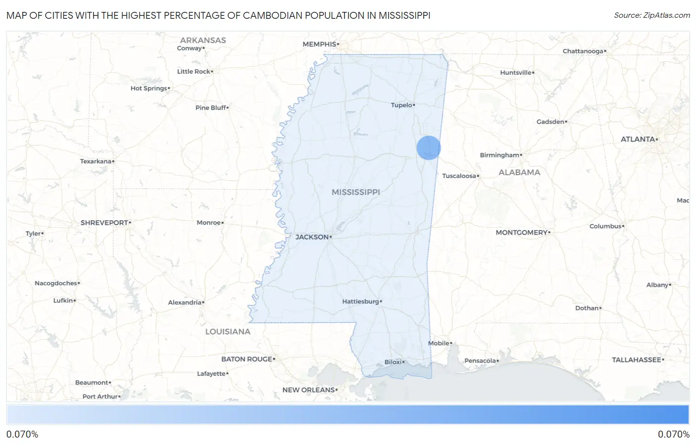 Cities with the Highest Percentage of Cambodian Population in Mississippi Map