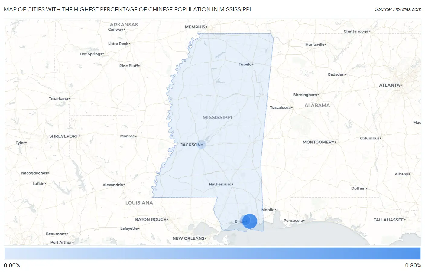 Cities with the Highest Percentage of Chinese Population in Mississippi Map