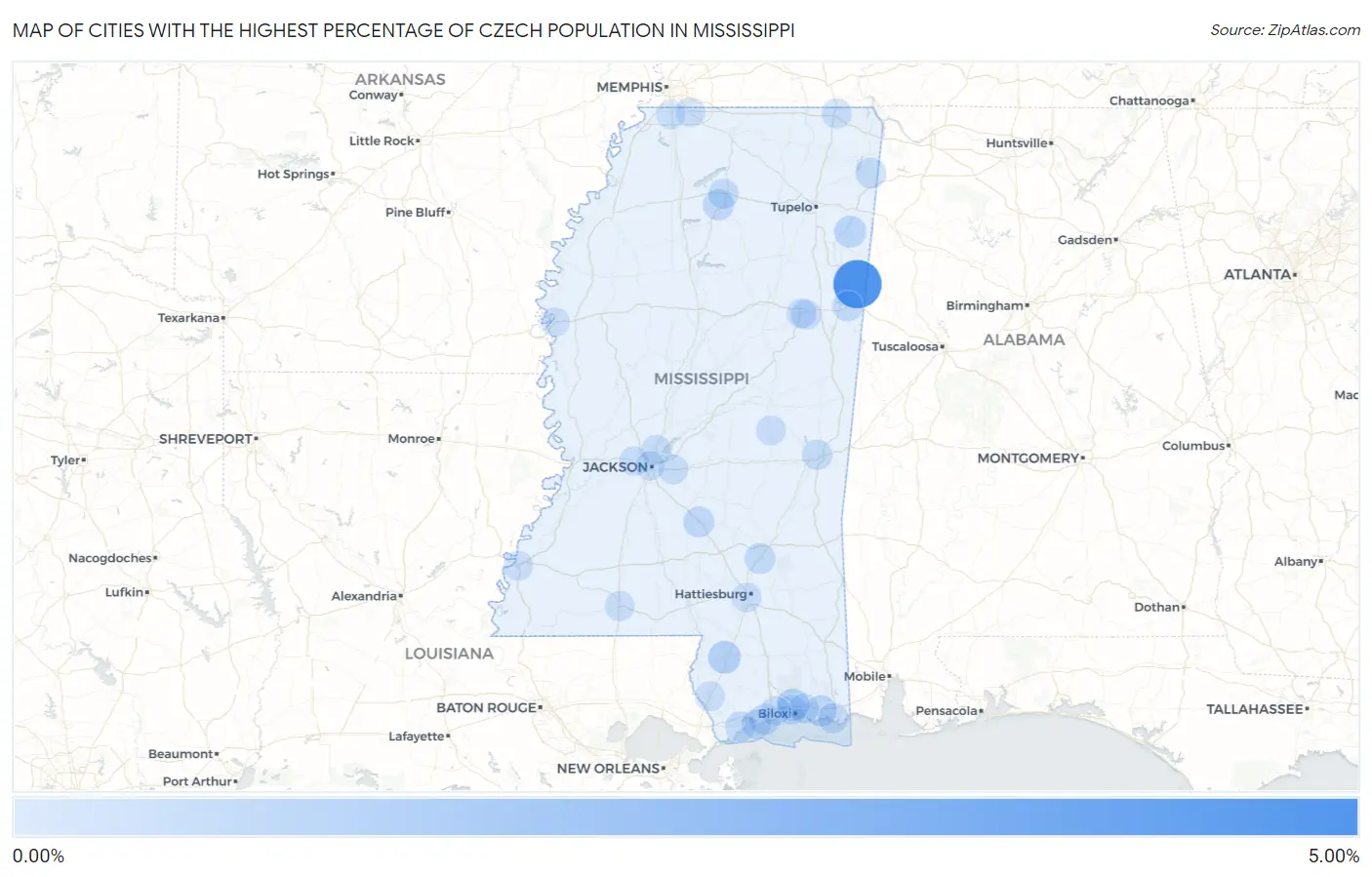 Cities with the Highest Percentage of Czech Population in Mississippi Map