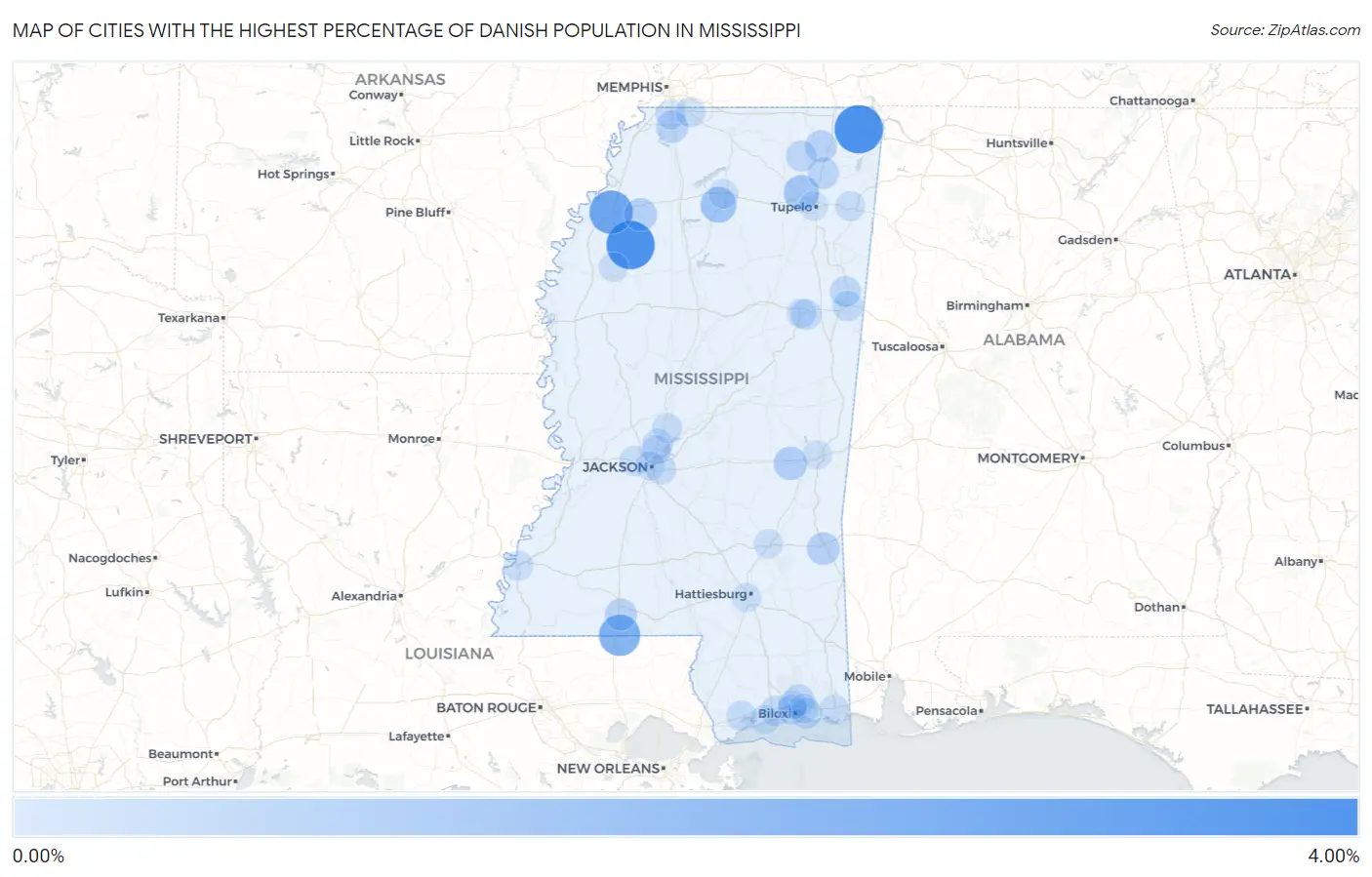 Cities with the Highest Percentage of Danish Population in Mississippi Map