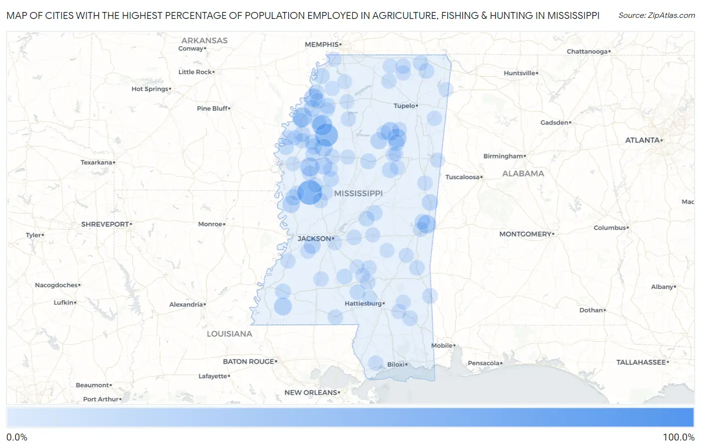 Cities with the Highest Percentage of Population Employed in Agriculture, Fishing & Hunting in Mississippi Map