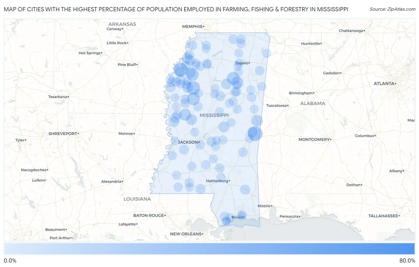 Cities with the Highest Percentage of Population Employed in Farming, Fishing & Forestry in Mississippi Map