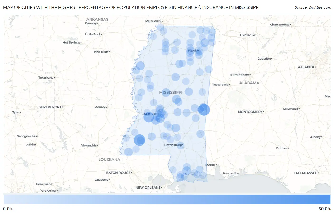 Cities with the Highest Percentage of Population Employed in Finance & Insurance in Mississippi Map