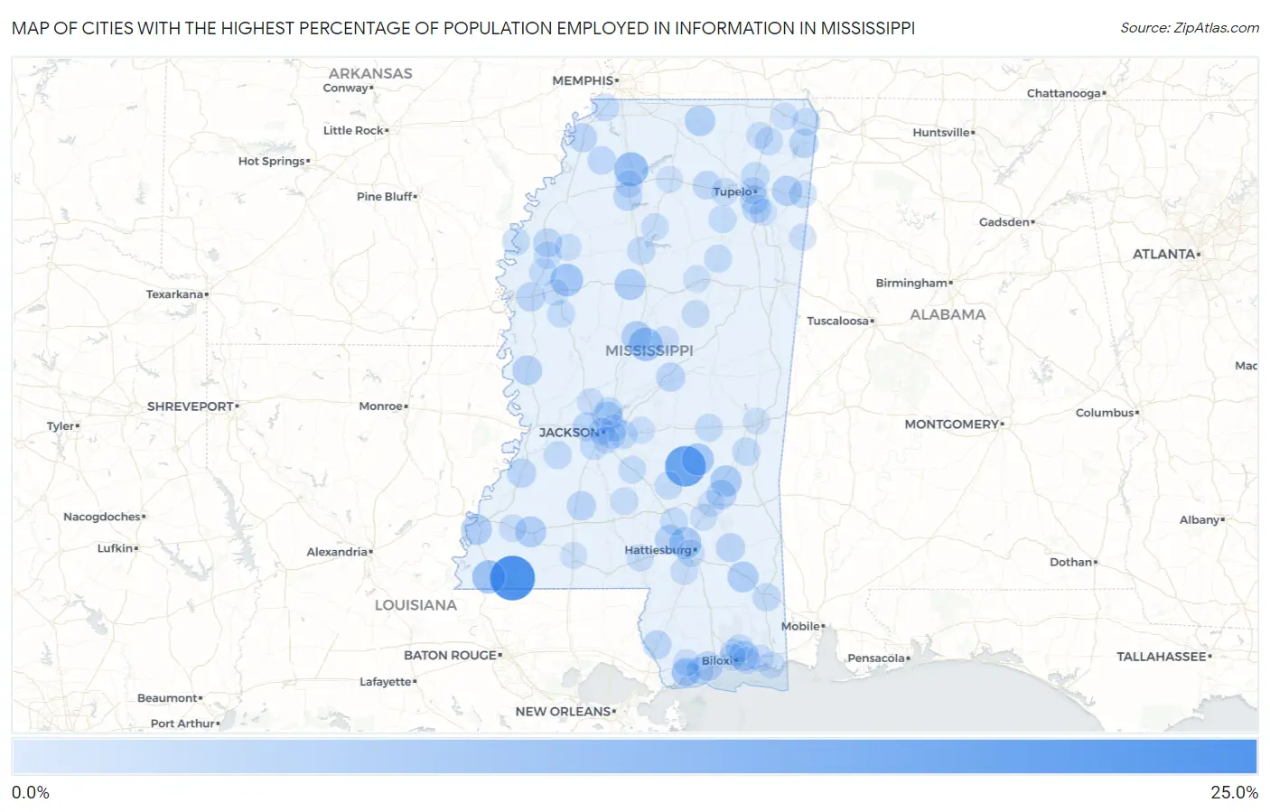 Cities with the Highest Percentage of Population Employed in Information in Mississippi Map