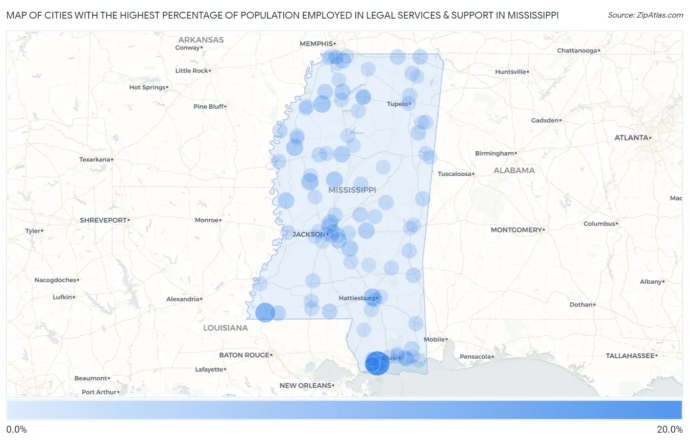Cities with the Highest Percentage of Population Employed in Legal Services & Support in Mississippi Map