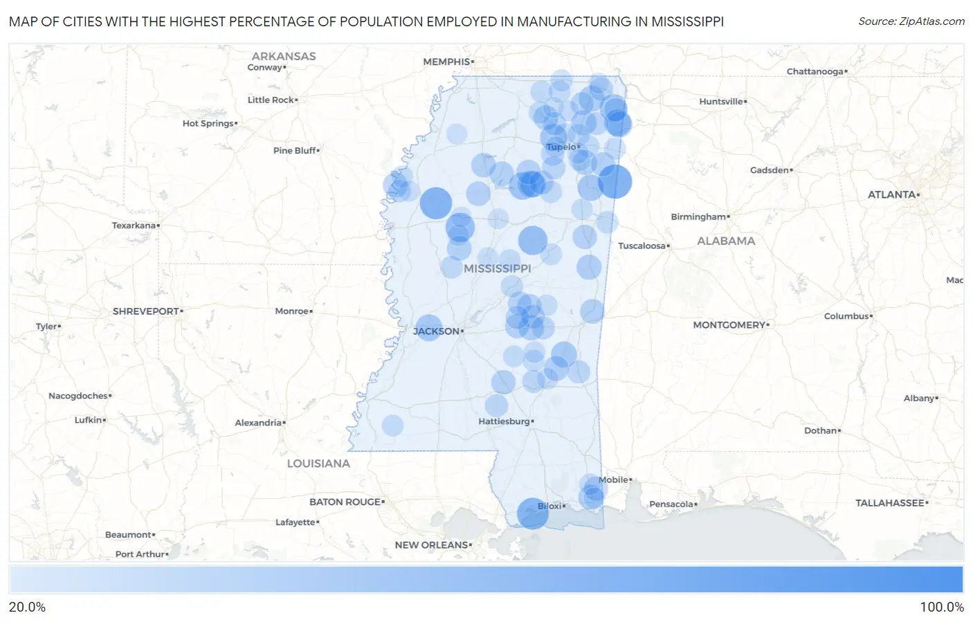 Cities with the Highest Percentage of Population Employed in Manufacturing in Mississippi Map