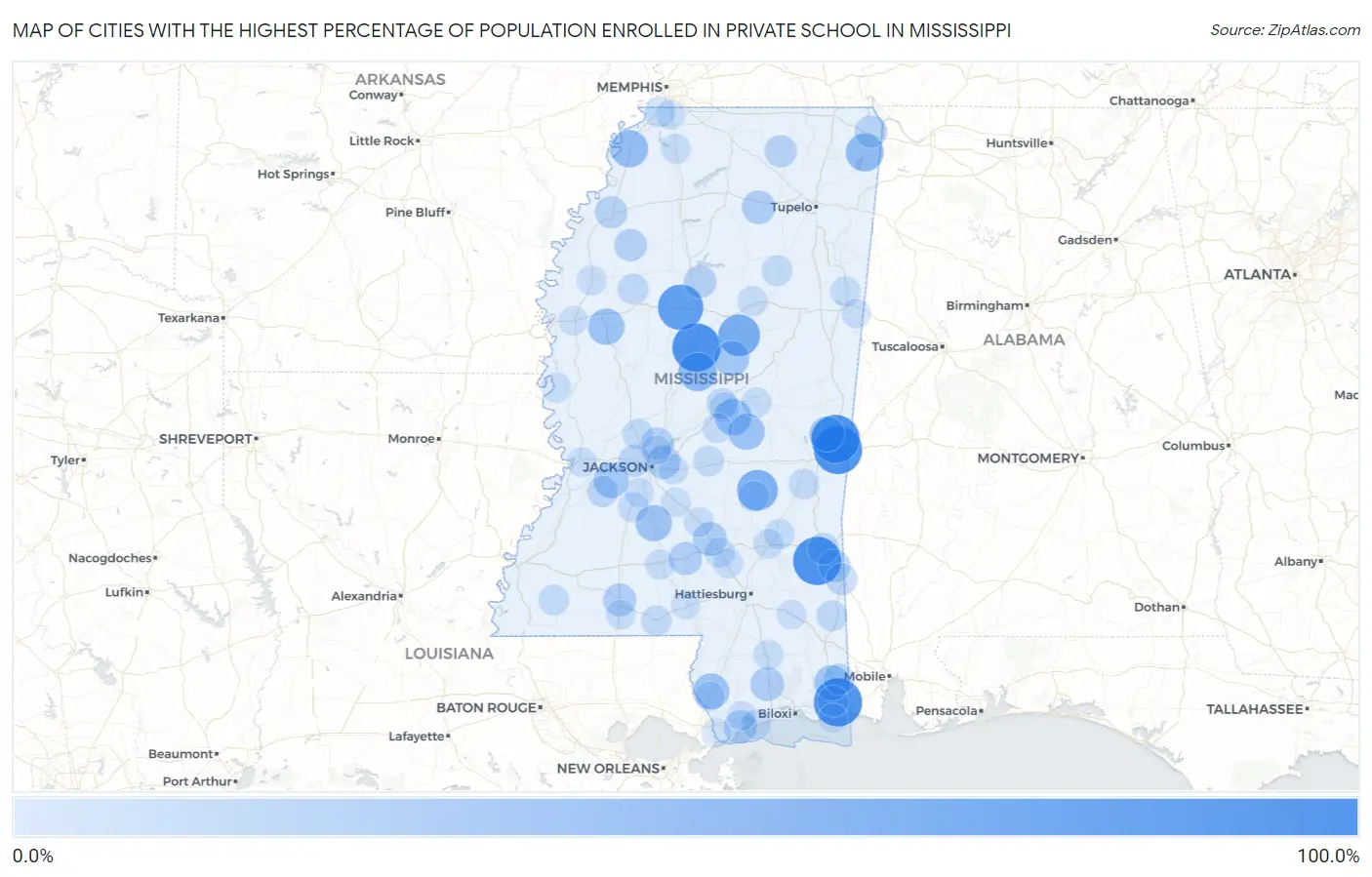 Cities with the Highest Percentage of Population Enrolled in Private School in Mississippi Map