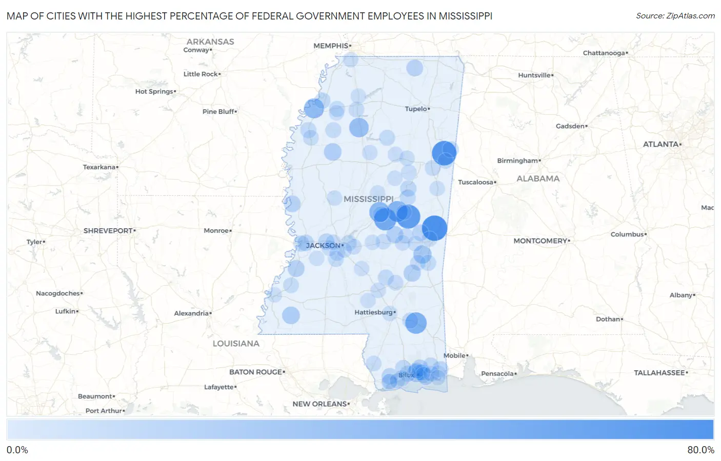 Cities with the Highest Percentage of Federal Government Employees in Mississippi Map