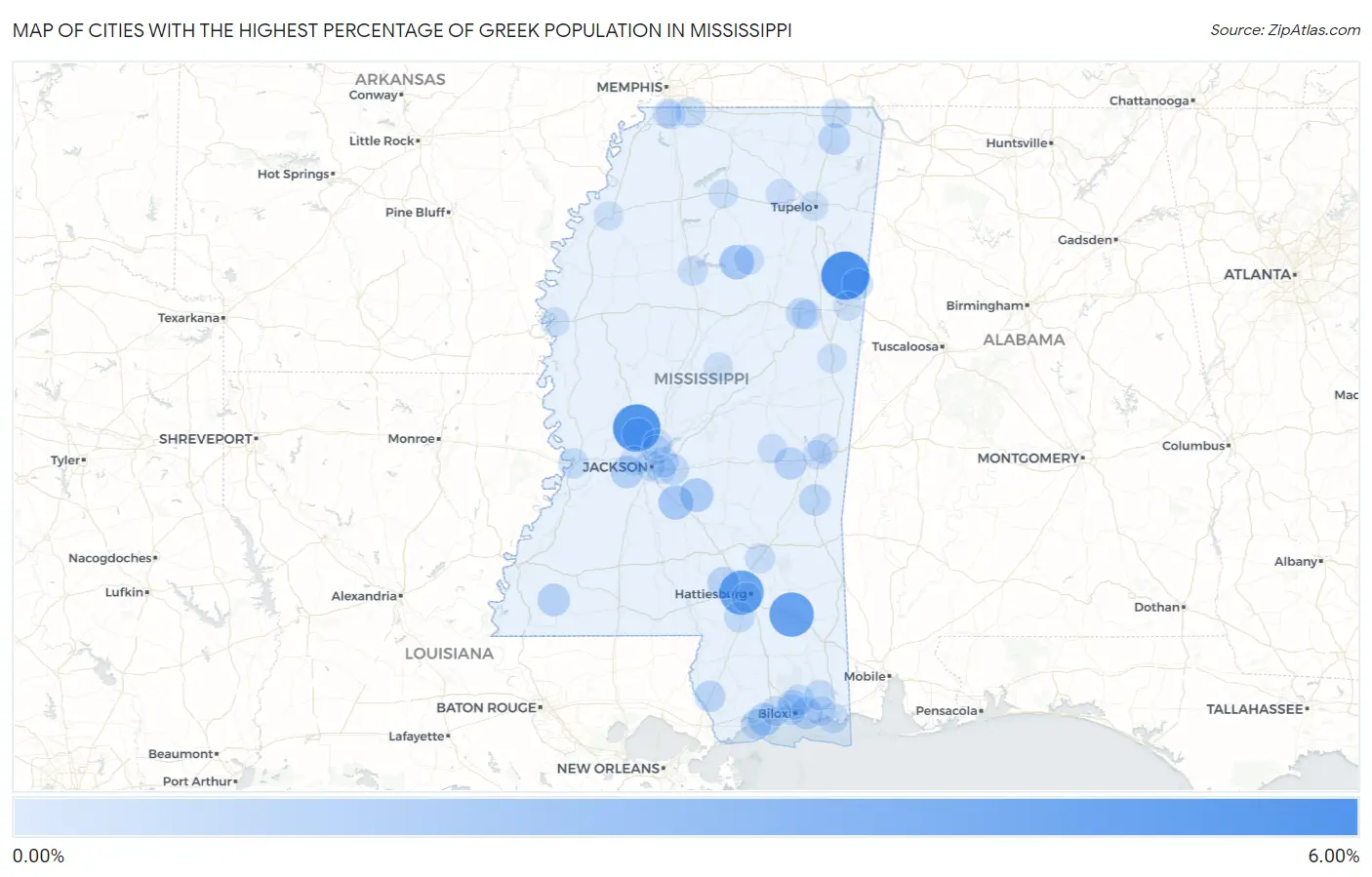 Cities with the Highest Percentage of Greek Population in Mississippi Map