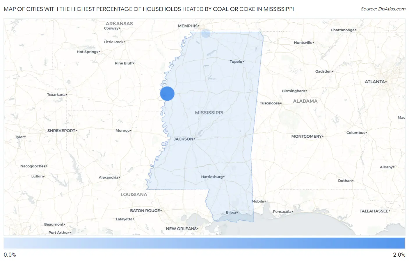 Cities with the Highest Percentage of Households Heated by Coal or Coke in Mississippi Map