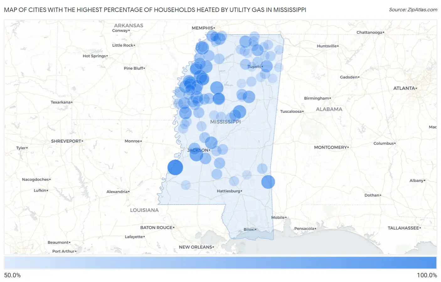 Cities with the Highest Percentage of Households Heated by Utility Gas in Mississippi Map