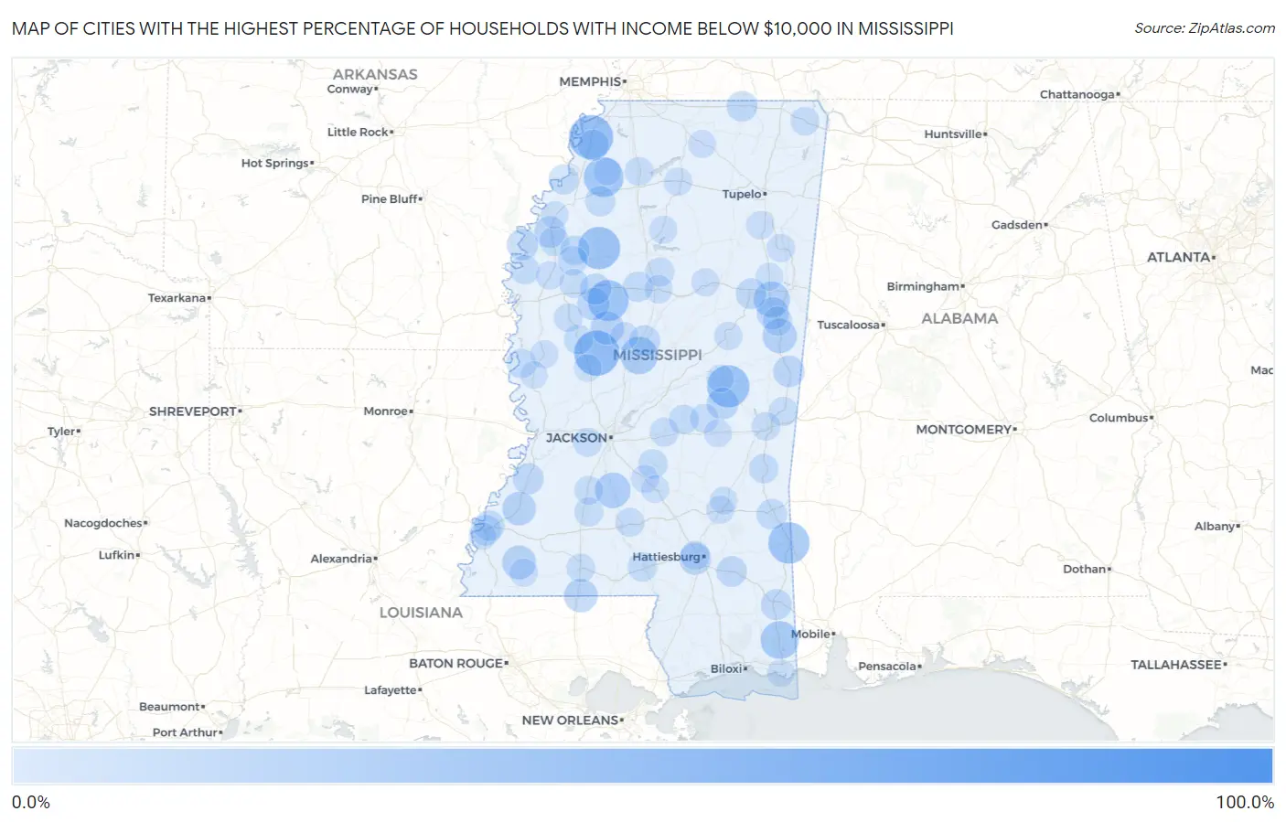 Cities with the Highest Percentage of Households with Income Below $10,000 in Mississippi Map
