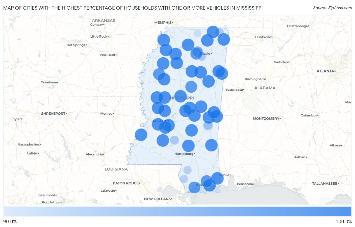 Cities with the Highest Percentage of Households With One or more Vehicles in Mississippi Map