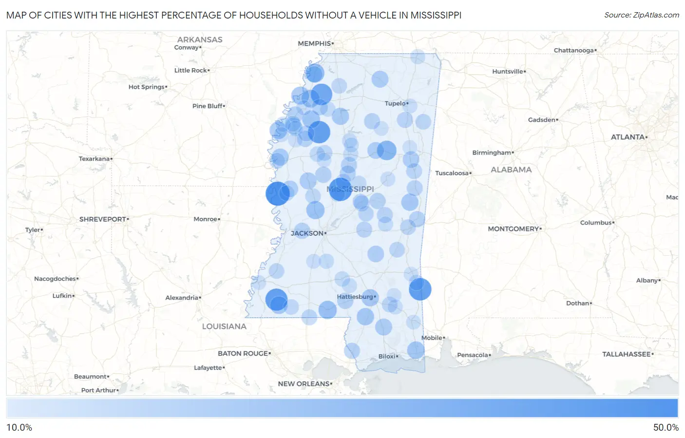 Cities with the Highest Percentage of Households Without a Vehicle in Mississippi Map