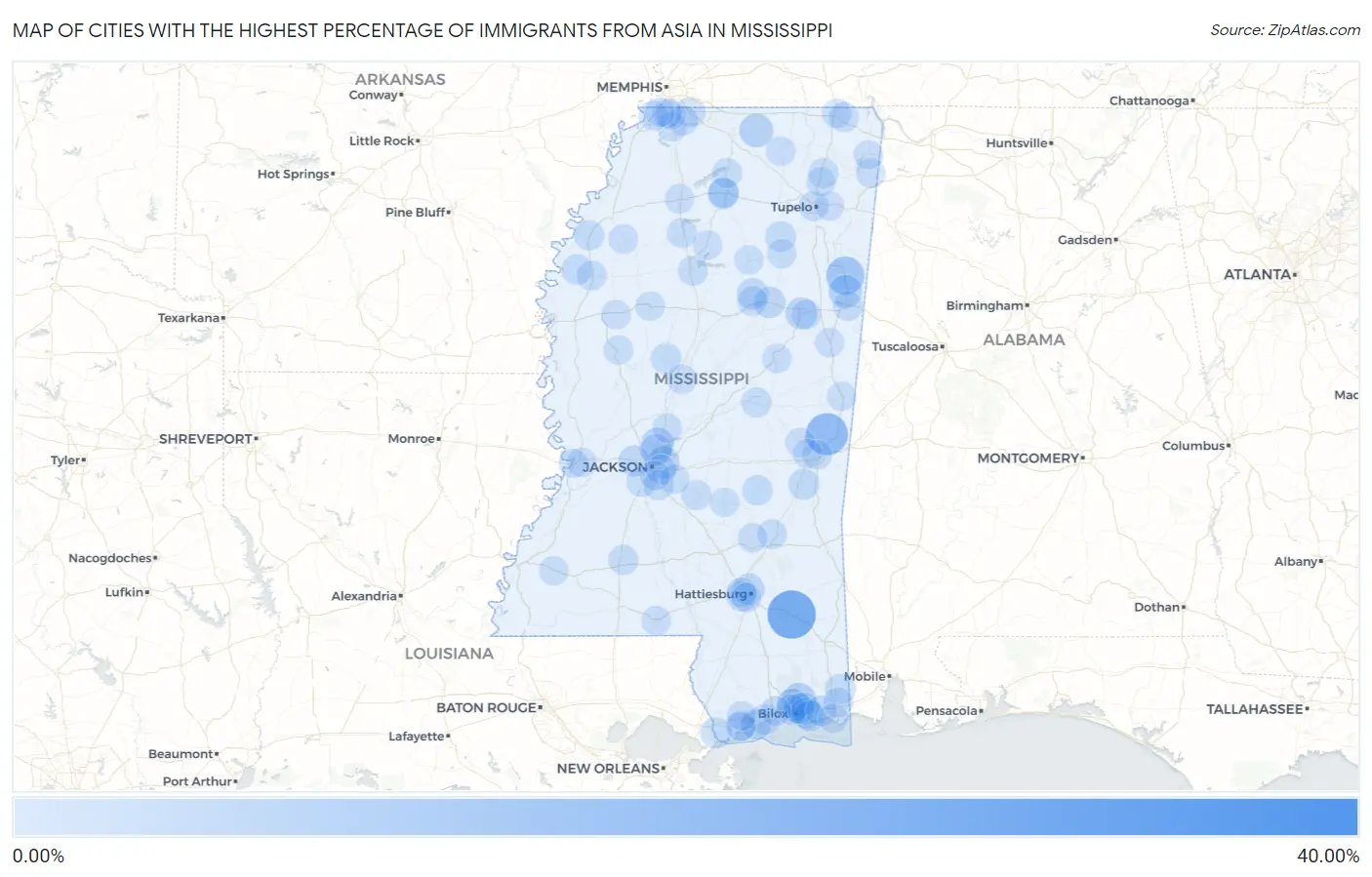 Cities with the Highest Percentage of Immigrants from Asia in Mississippi Map