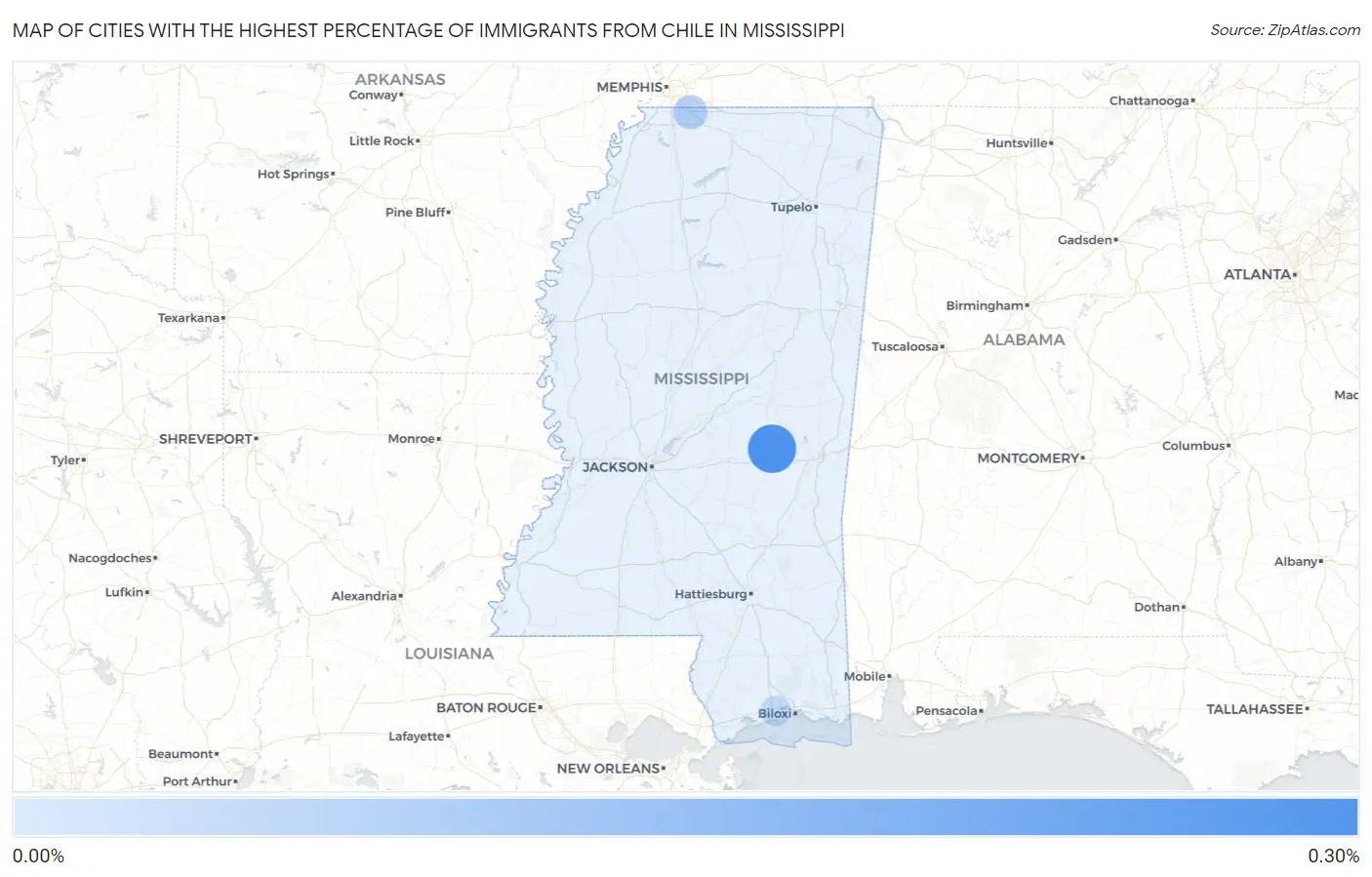 Cities with the Highest Percentage of Immigrants from Chile in Mississippi Map