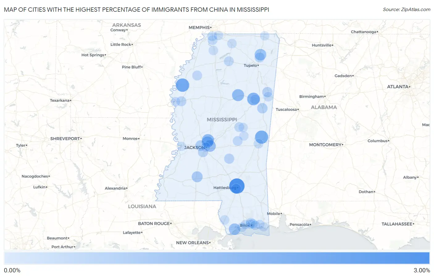 Cities with the Highest Percentage of Immigrants from China in Mississippi Map