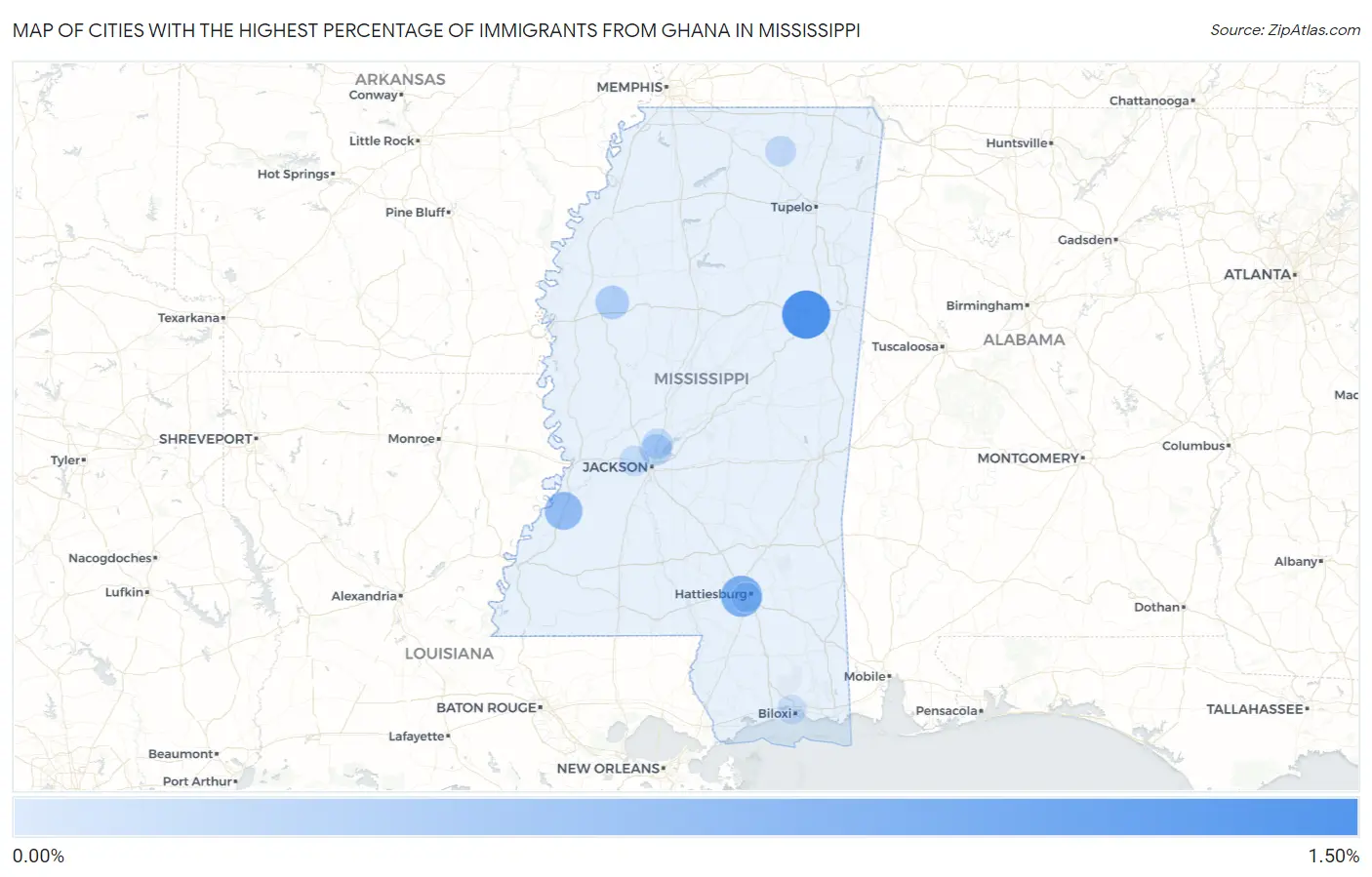 Cities with the Highest Percentage of Immigrants from Ghana in Mississippi Map