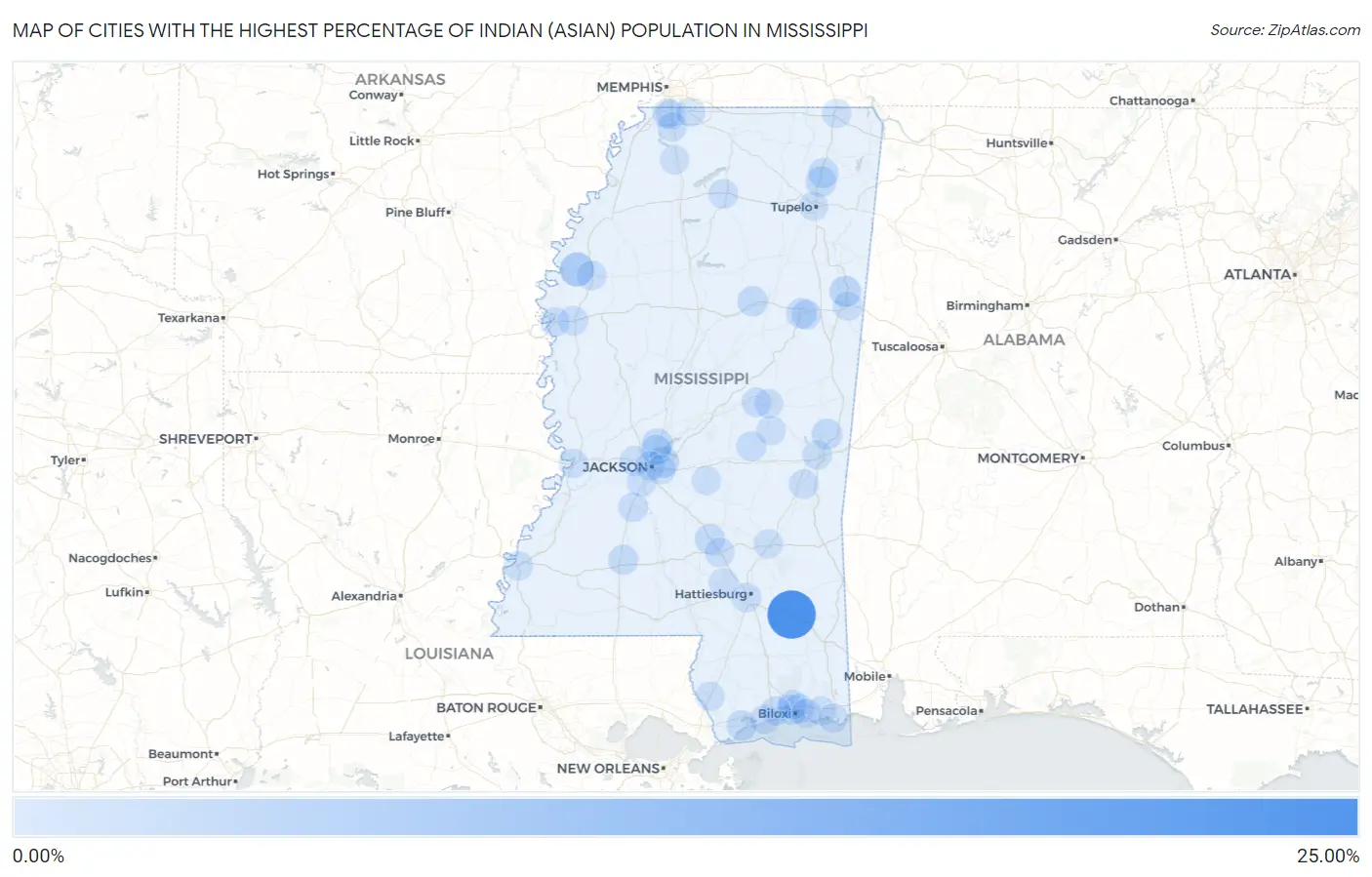 Cities with the Highest Percentage of Indian (Asian) Population in Mississippi Map