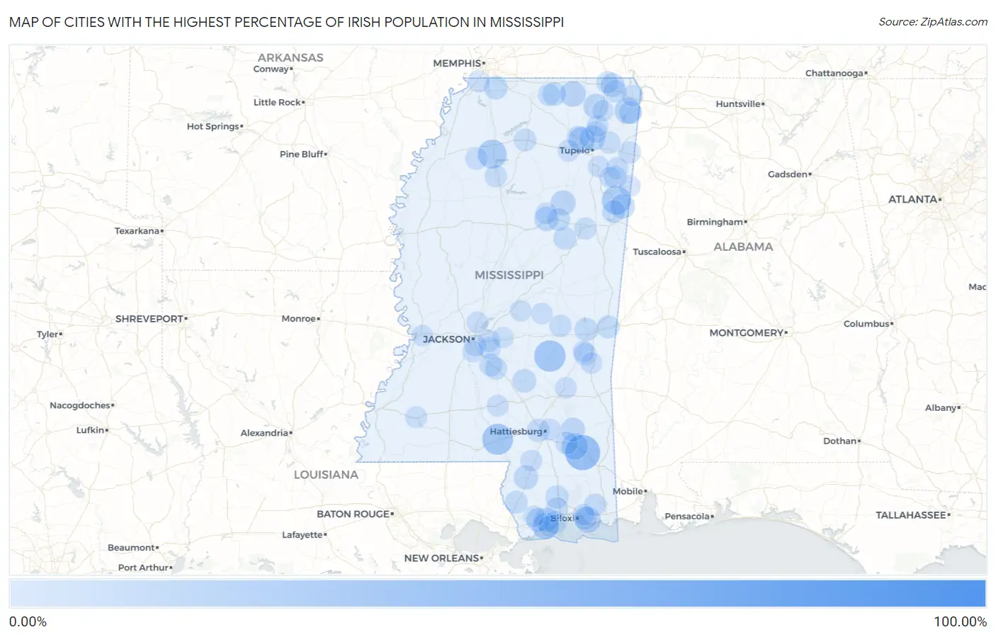 Cities with the Highest Percentage of Irish Population in Mississippi Map