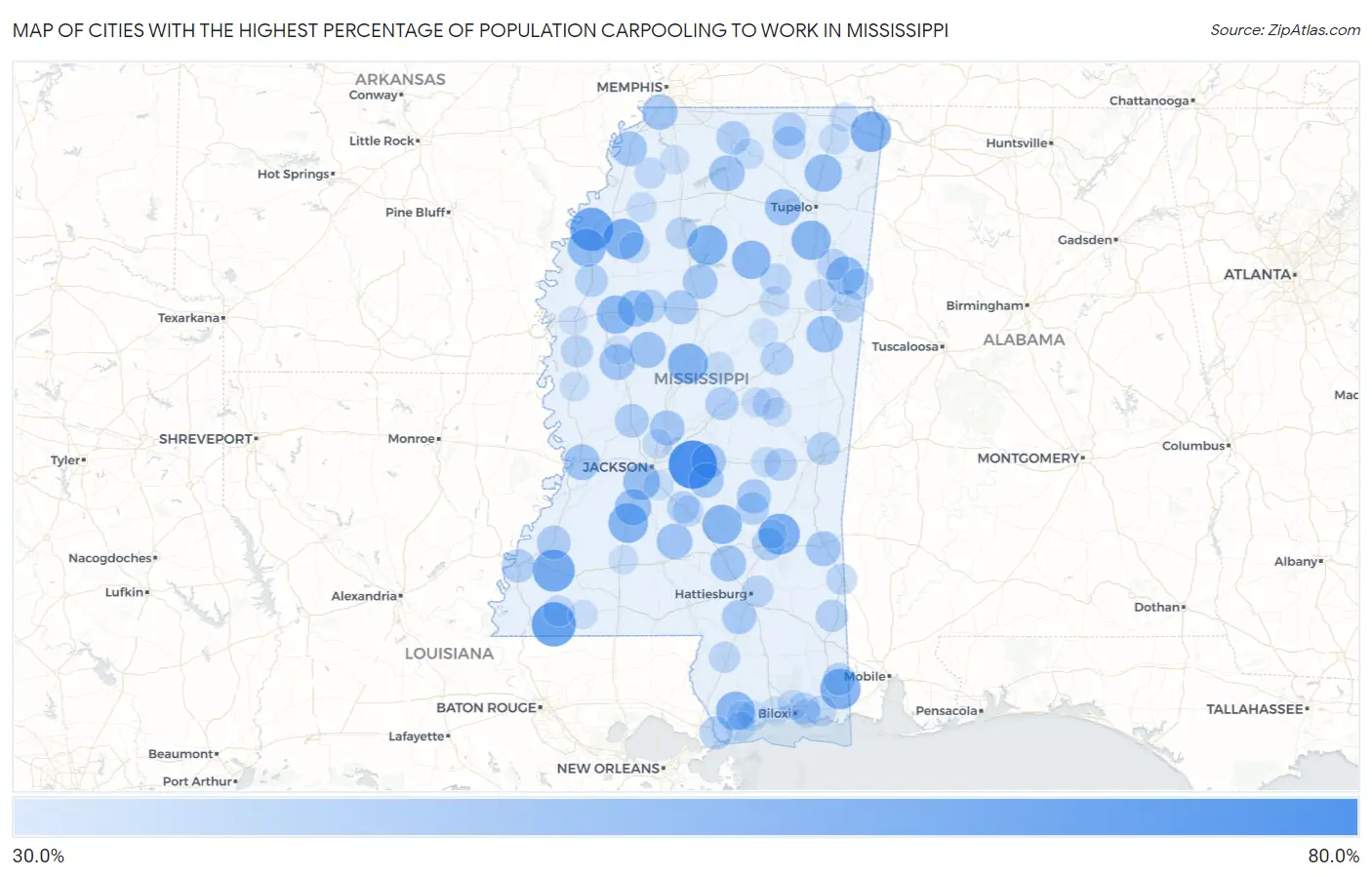 Cities with the Highest Percentage of Population Carpooling to Work in Mississippi Map