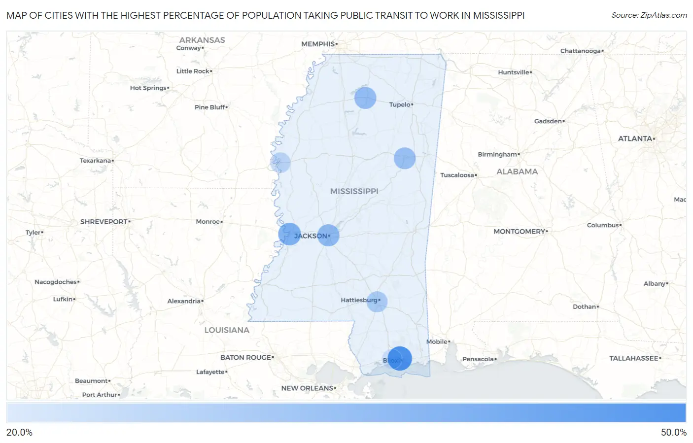 Cities with the Highest Percentage of Population Taking Public Transit to Work in Mississippi Map