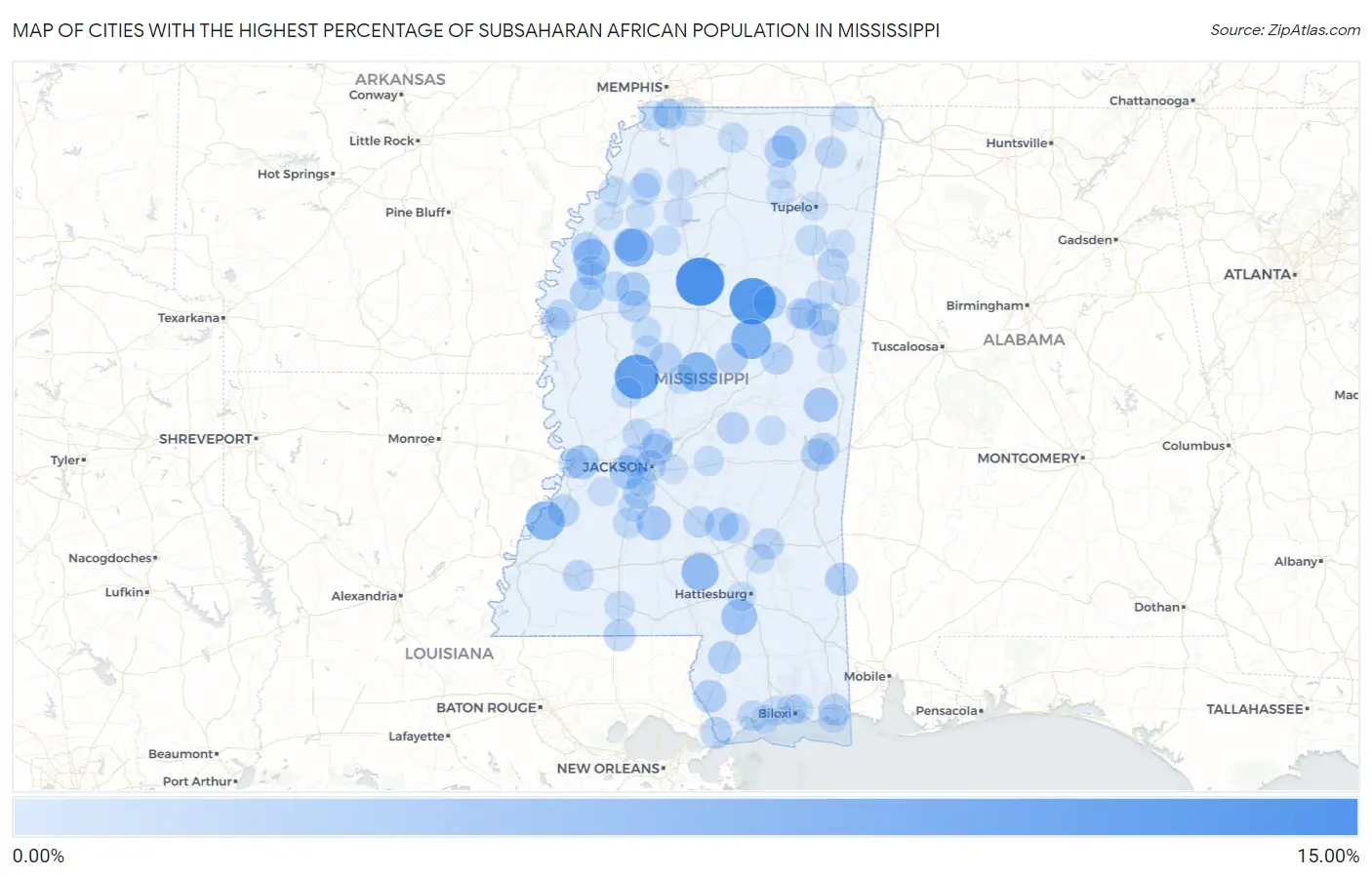 Cities with the Highest Percentage of Subsaharan African Population in Mississippi Map