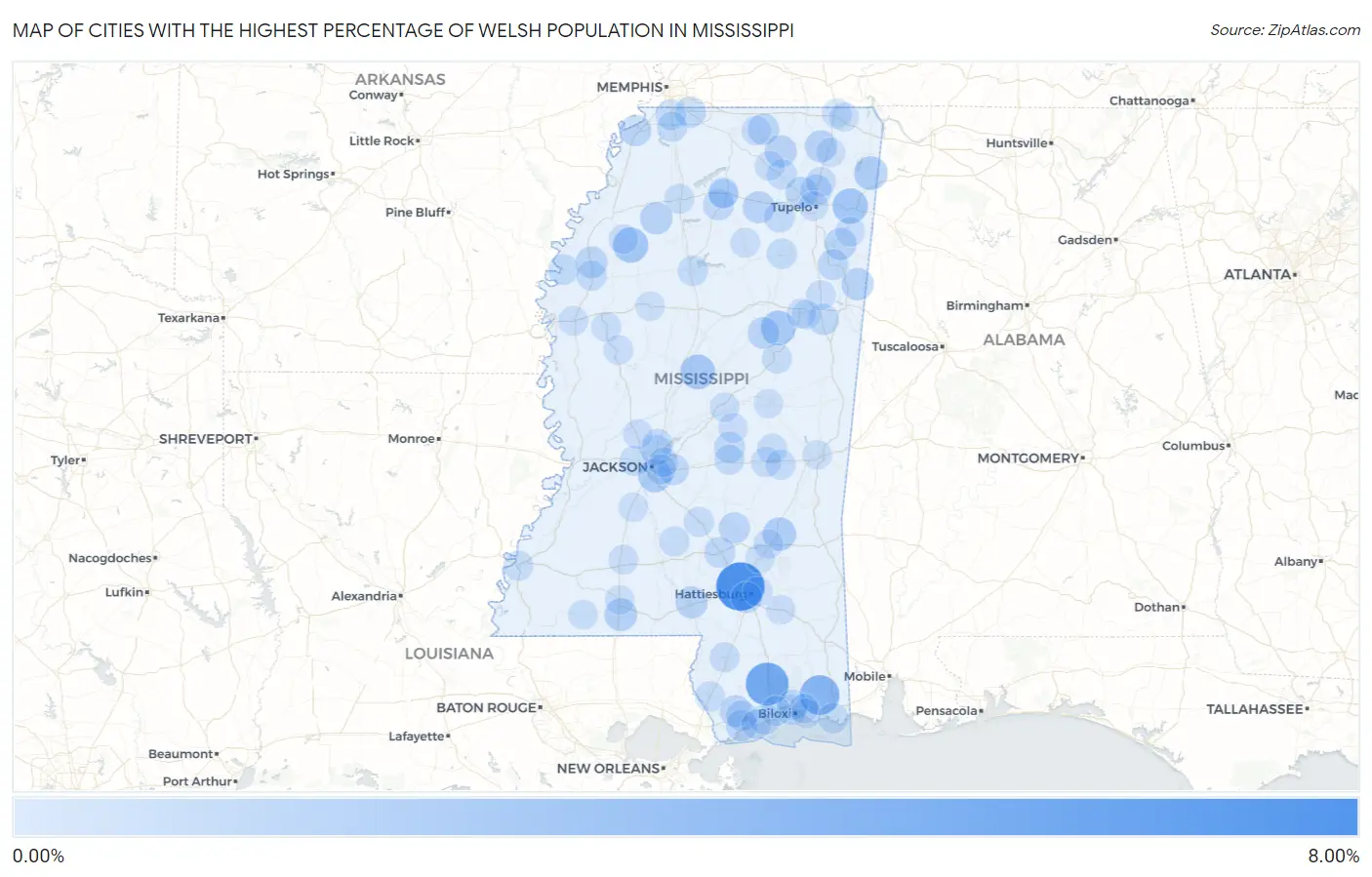 Cities with the Highest Percentage of Welsh Population in Mississippi Map
