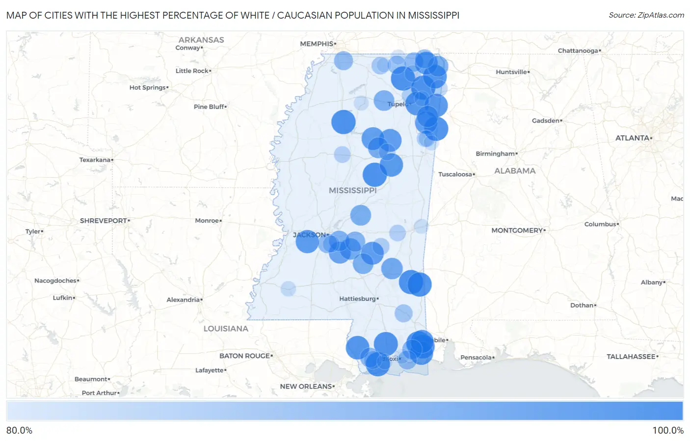 Cities with the Highest Percentage of White / Caucasian Population in Mississippi Map