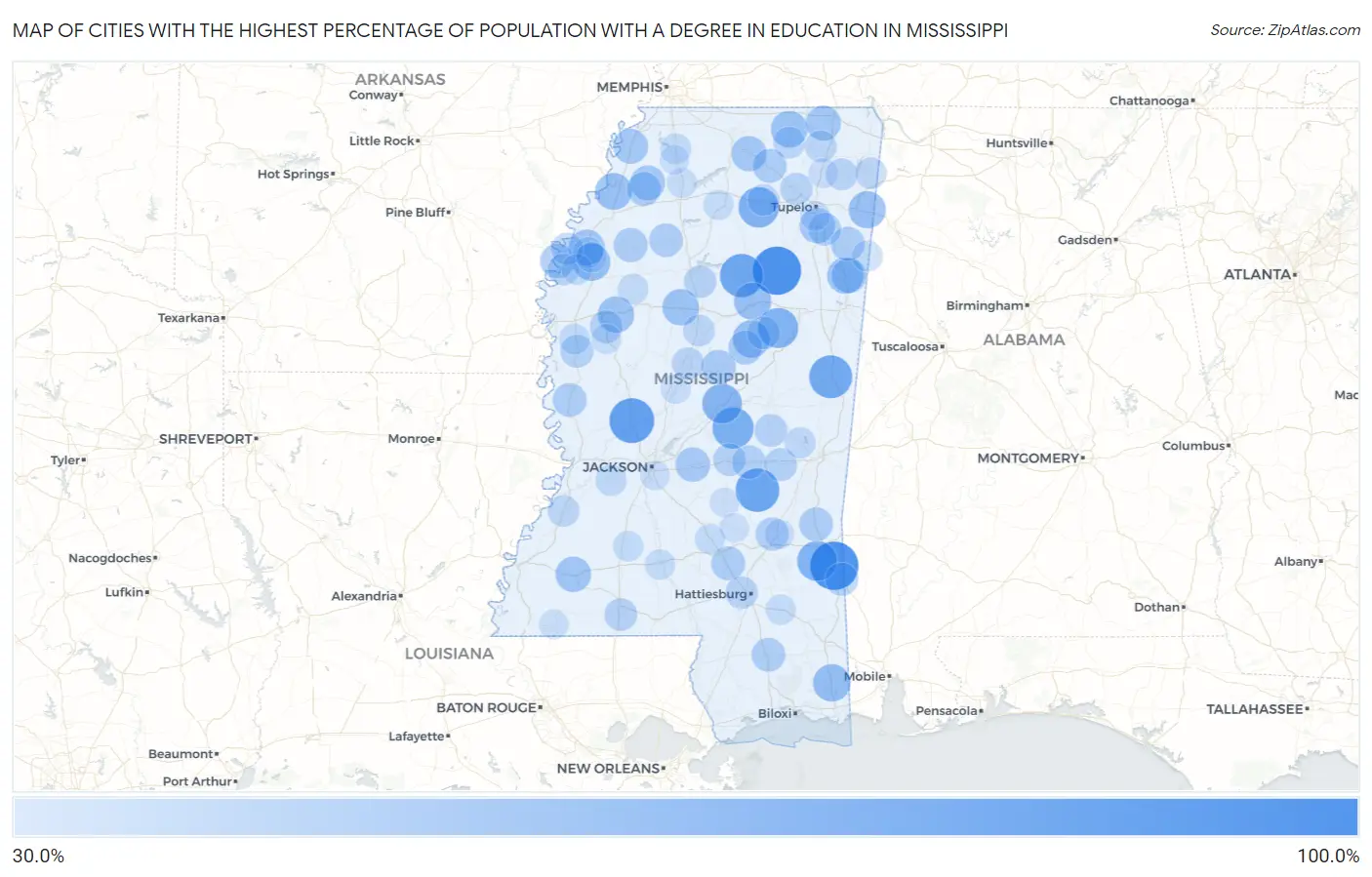 Cities with the Highest Percentage of Population with a Degree in Education in Mississippi Map