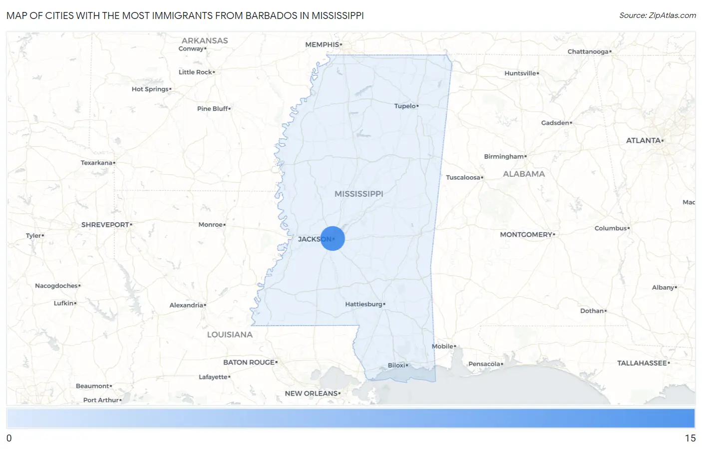 Cities with the Most Immigrants from Barbados in Mississippi Map