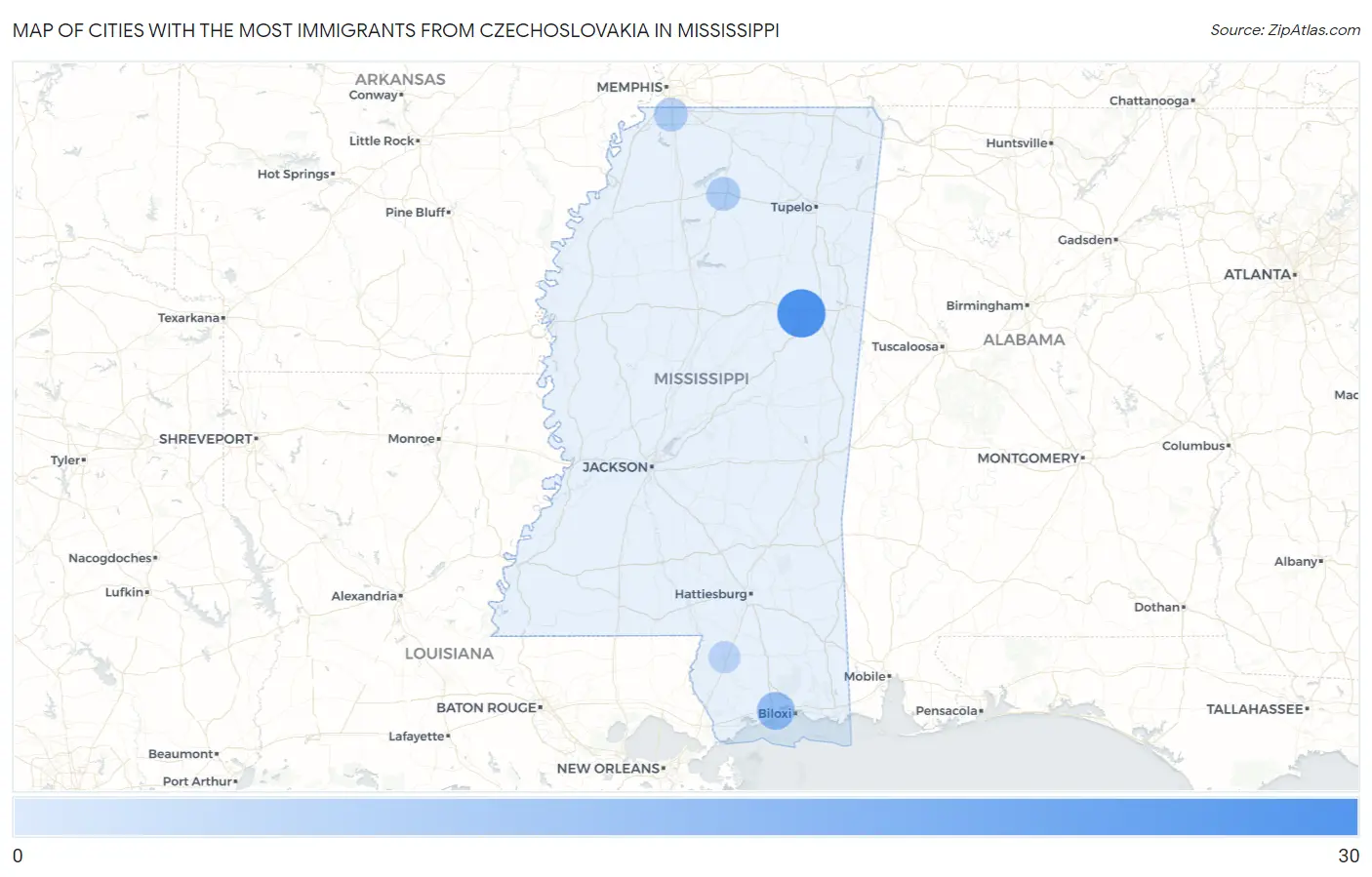 Cities with the Most Immigrants from Czechoslovakia in Mississippi Map